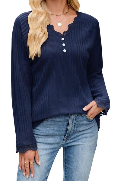 OtherMax Bluză Damă Tunică Din Dantelă Elegantă Casual V-Neck Bleumarin M