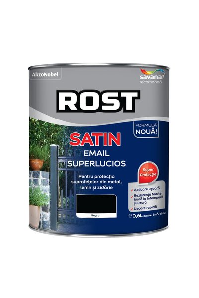 ROST Vopsea alchidică pentru lemn/metal Satin interior/exterior negru, 0,6 l