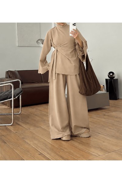 Hepsi Moda طقم بنطلون بياقة عالية ورباط - بيج (مقاس واحد)