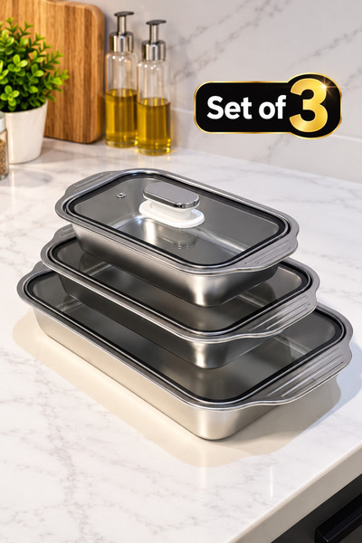 Aromaesc Stainless Steel Food Storage Container Set with Glass Lids, Rectangu...