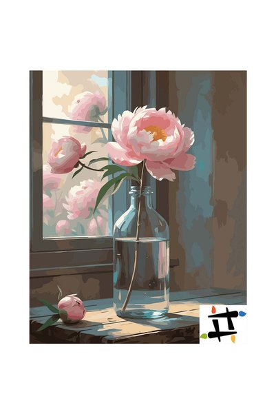 Painting-numbers Set pictura pe numere Bujori la fereastra 7040, panza pe ram...