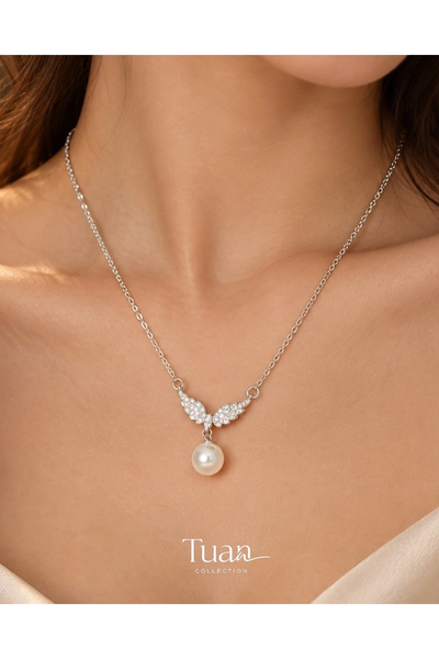 Tuan Collection Steel Pearl Detailed Angel Wing Necklace – Silver-Colored Wom...