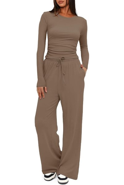 OtherMax Costum de trening dublu pentru femei cu pantaloni largi maro S