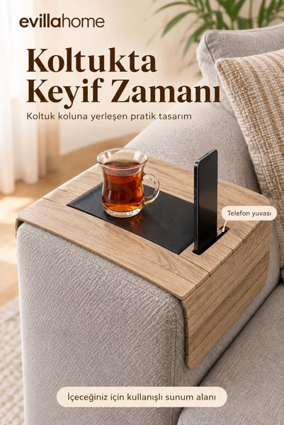 evillahome Telefon Yuvalı Katlanabilir Koltuk Kolçak Servis Tepsisi Ahşap Des...