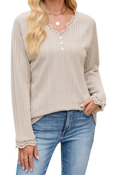 OtherMax Bluză Damă Tunică Din Dantelă Elegantă Confortabilă V-Neck Bej XL