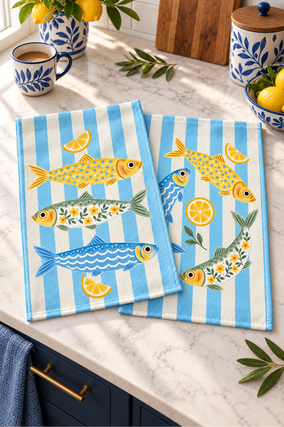 Evmila Lemon Sardines: Lemon-Printed Fish with Blue Stripes—Digitally Printed...