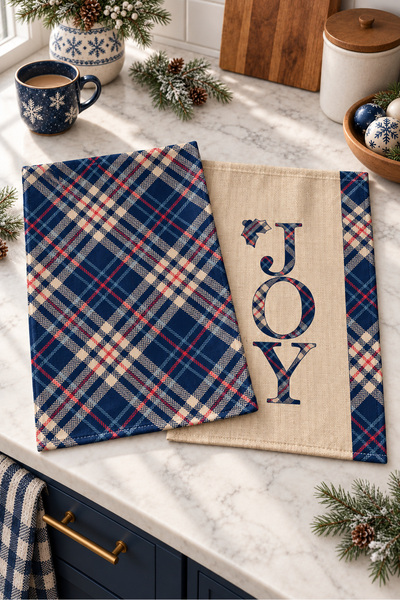 Evmila Tartan Joy Navy Blue and Beige Plaid Pattern Digital Print 2-Piece Kit...