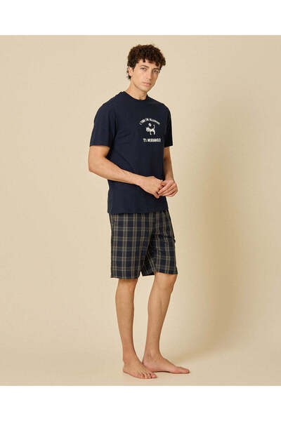 REDTAG Men Navy Cat Print Pyjama Set 2 Pieces