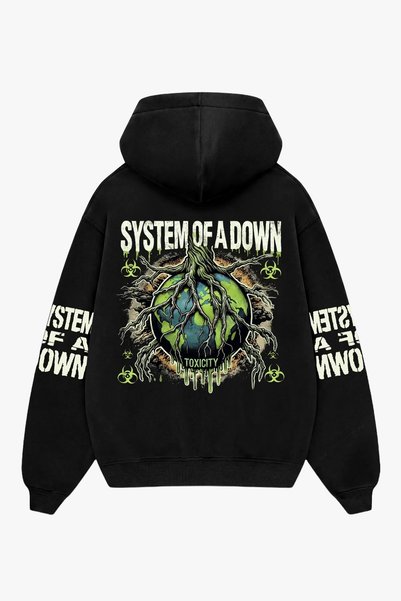 Sekizbiraltı هودي أسود كبير الحجم للجنسين بطبعة "System of a Down Toxicity Vi...
