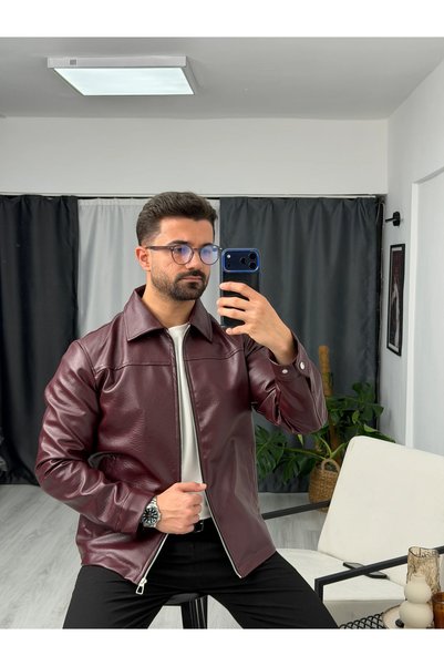 SEZBASE Jachetă clasică din piele cu guler și fermoar – Noul sezon