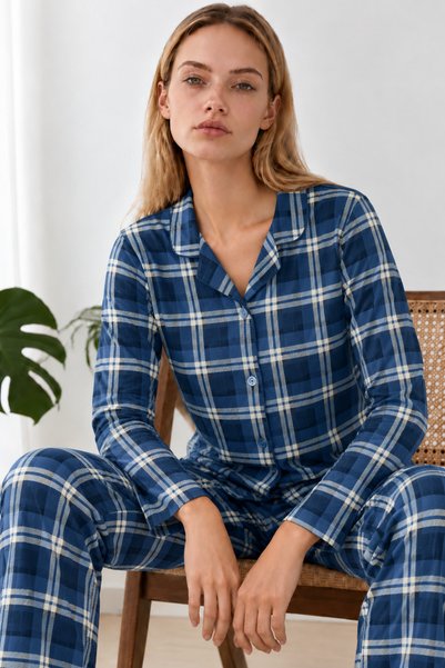 FİT WOMEN Women's Trendy Blue Plaid Pajama Set 4839