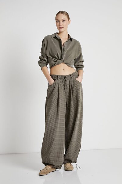 armalife Beli Lastikli Düğmeli Paça Stoperli Baggy Ekose Pantolon