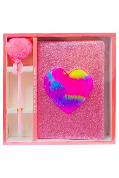 OEM Glitter Heart Plush Diary with Pen, 80 Lined Sheets