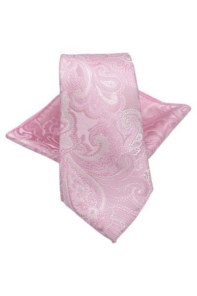 PRAVALIA CU SURPRIZE Set cravată și batistă MONACO, model Paisley, roz perlat