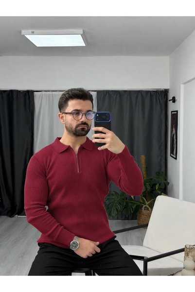SEZBASE Pulover cu guler polo, cu fermoar parțial, texturat cu tricot brioche...
