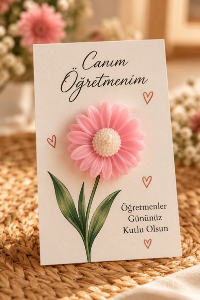 Öğretmenler Günü Hediyelik Pembe Papatya Mum Kartlı 10’lu Paket