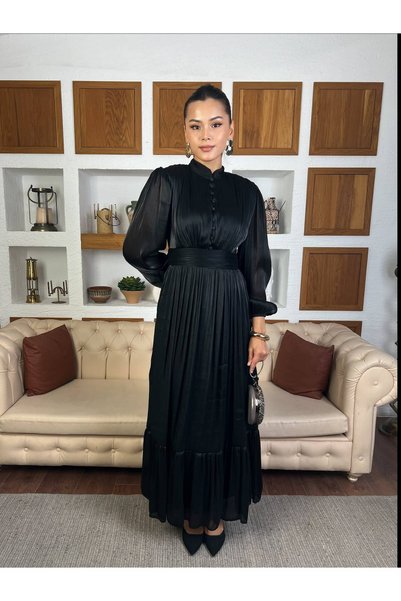 MY GRS JANJAN CHIFFON DRESS WITH A COLLAR DETAIL AND BUTTON DETAILS