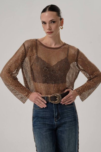 tw3 Women's Long-Sleeved Blouse with All-Over Stone Embellishments and a Shee...