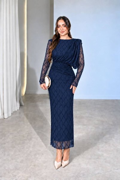 maf collection Women's Crew Neck Navy Blue Draped Tulle Detail Long Evening Gown