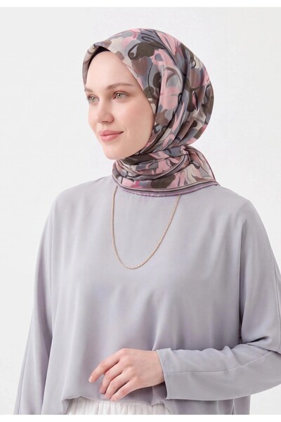 Silk Home Soft Scarf with Abstract Patterned Design in Gray and Pink