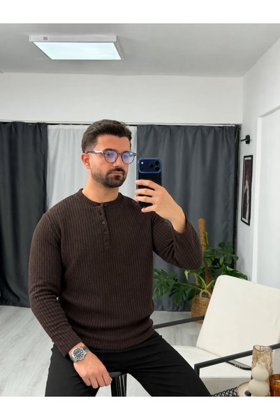 SEZBASE Tricou cu mâneci lungi, guler Henley, nasturi și bordură materiată cu...