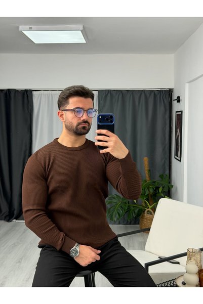 SEZBASE Pulover cu decolteu rotund la baza gâtului, texturat cu țesătură de t...
