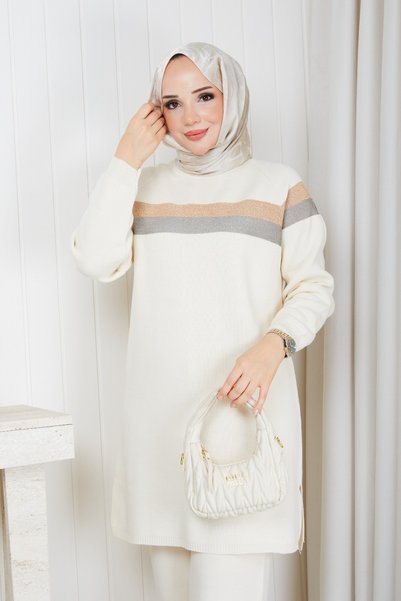 nacar çarşı Women's Ecru Knit Modest Tunic with Cold-Spun Thread, Glittery Tr...