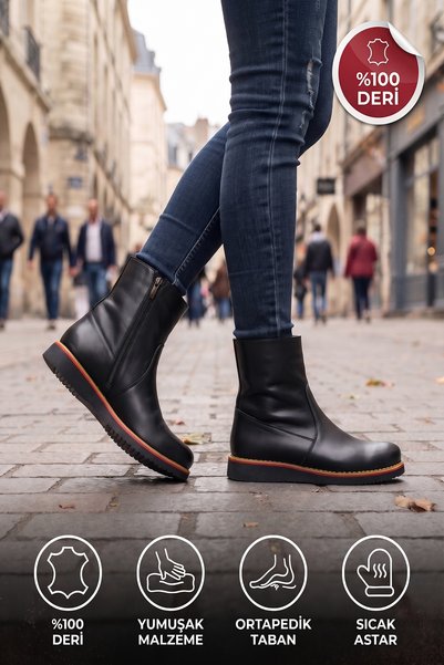 CEYDA SHOES Cizme de zi pentru femei, din piele naturală, negre, căptușite, c...