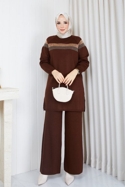 nacar çarşı Tunică modestă din tricot pentru femei, de culoare maro, cu sclip...