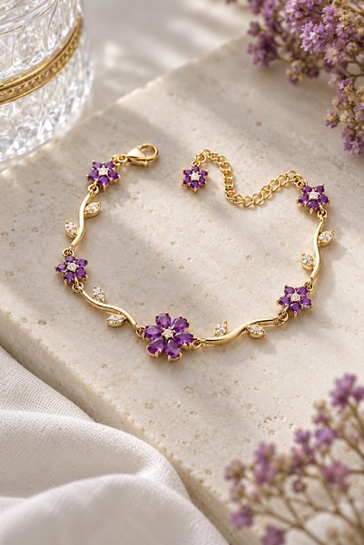 The Collection Adjustable Gold-Plated Steel Bracelet with Cherry Blossom and ...