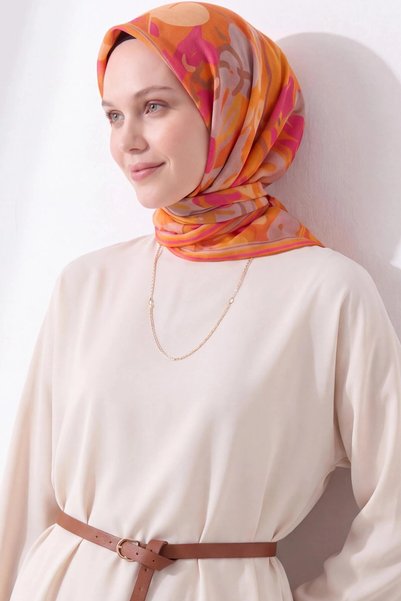 Silk Home Soft Scarf with Abstract Patterned Design in Orange and Pink