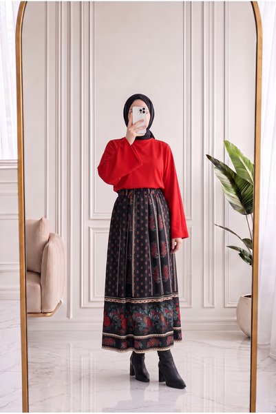 Holehola Fustă cu model de trandafiri și talie elastică – SS13262, negru