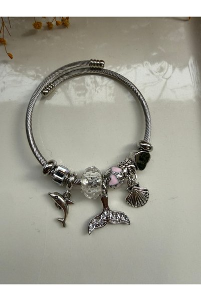Blotch Silver Beaded Bracelet with Zircon Stones, Ocean and Fish Theme