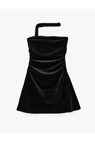 Koton Slim Fit Fularlı Straplez Bodycon Kadife Mini Elbise