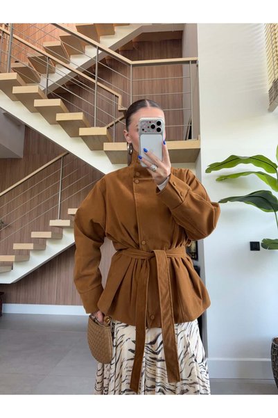 BB Bensu Buyruk Mock Neck, Belted, Double-Breasted Suede Jacket