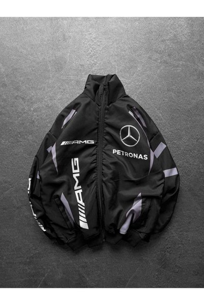 Gofeel Jachetă bomber unisex oversize în stil racing, negru cu argintiu