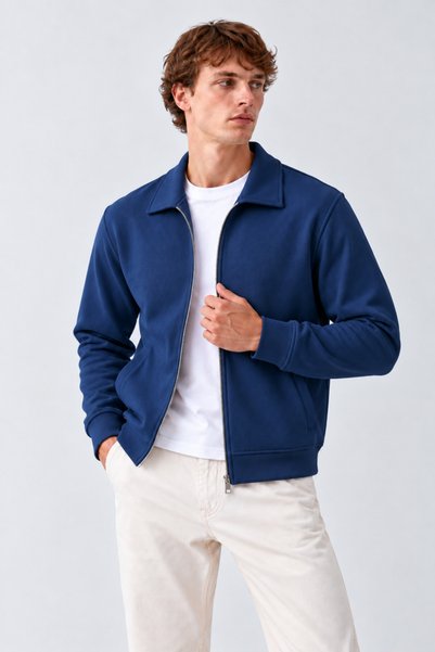 COMBİNE MİCHAİL Men's Zippered Polo Collar Navy Cardigan