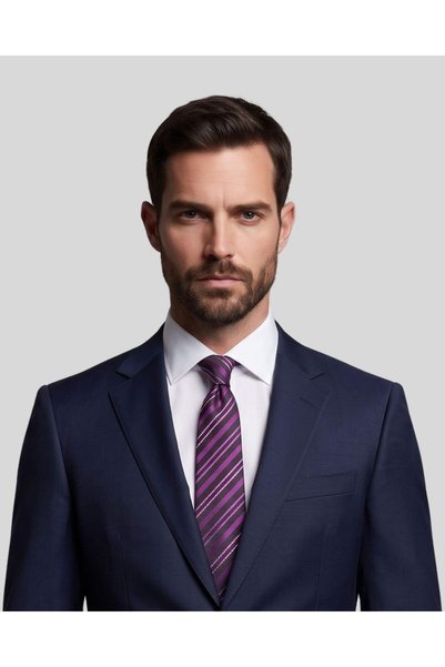 KUMOVO Black Striped Purple Silk Tie – 7.5 cm Wide