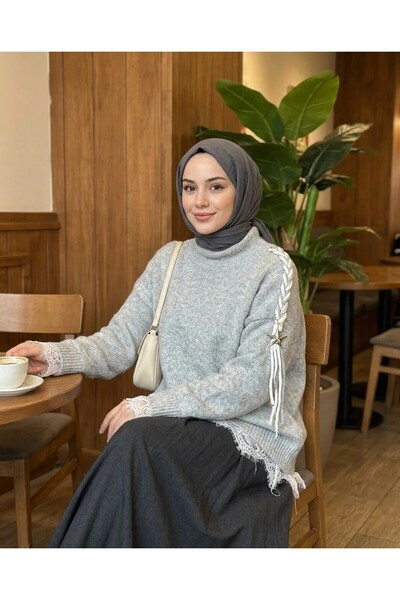 Trend Paris Women's Knit Sweater with Lace and Knitted Sleeve Detail, Gray
