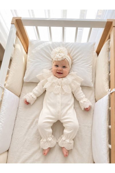 Bebila Baby Baby Girl Mevlütlük Jumpsuit with Lace Bandana, 100% Cotton, Hosp...