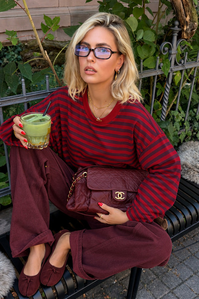 Bipantolon Kadın Mürdüm Kırmızı Çizgili Bisiklet Yaka Oversize Sweatshirt