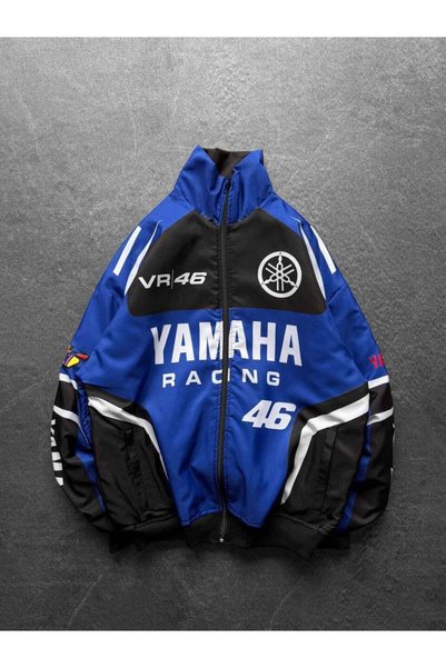 Gofeel Jachetă bomber unisex oversize în stil racing, albastru cobalt