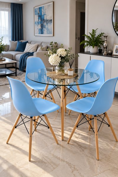 DealsReall Set masă rotundă din sticlă și 4 scaune albastre – Design modern ș...