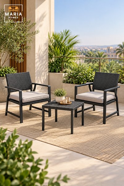 MARIA HOMES Modern 3 Piece Outdoor Patio Furniture Set with Cushions, Black R...