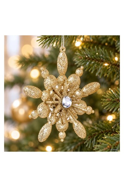 OEM Ornament 3D de Crăciun în formă de fulg șampanie cu strasuri, 12 cm, deco...