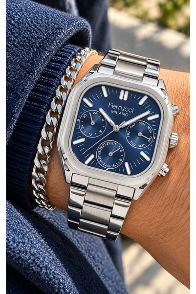 Ferrucci FUNCTIONS ACTIVE—SILVER-COLORED STEEL STRAP—NAVY BLUE DIAL—MEN'S WAT...