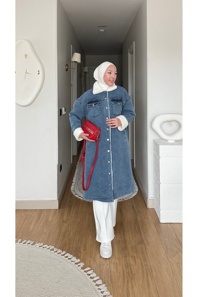 Colomer Kürk Yakalı ve Kürk Manşetli Mavi Denim Uzun Ceket