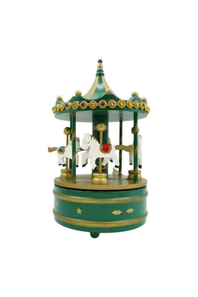 OEM Cutiuta muzicala decorata de Craciun, Carusel rotativ, Verde, din Lemn, I...
