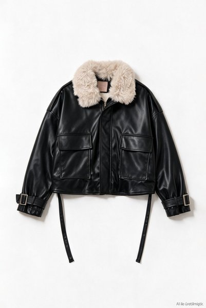 Quzu Women's Leather Jacket with Fur Collar 51329 Black