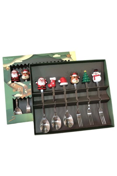OEM Set 6 Tacamuri, Tema Craciun, 3 Linguri + 3 Furculite, cu Figurine, din O...